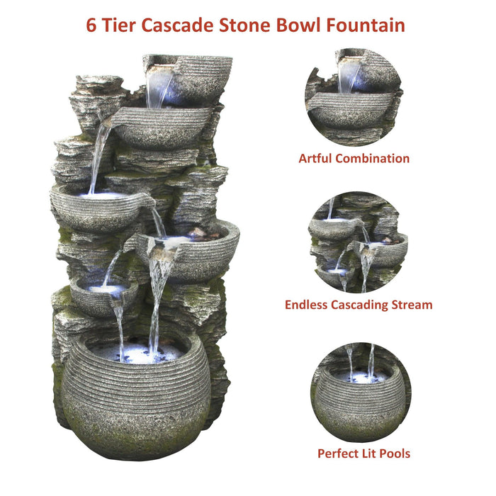 Litedeer 6 Tiered Cascading Stone Water Fountain with LED Lights and Auto-pump - DGF-173012 - Litedeer Homes